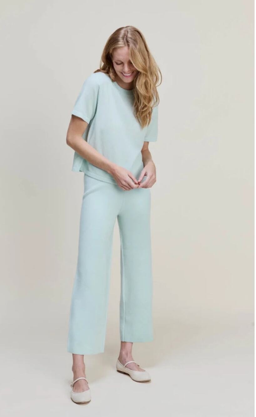 Kilte Liz Set Cashmere Short Sleeve Sweater Wide Leg Cropped Pants Aqua Mint M/L
